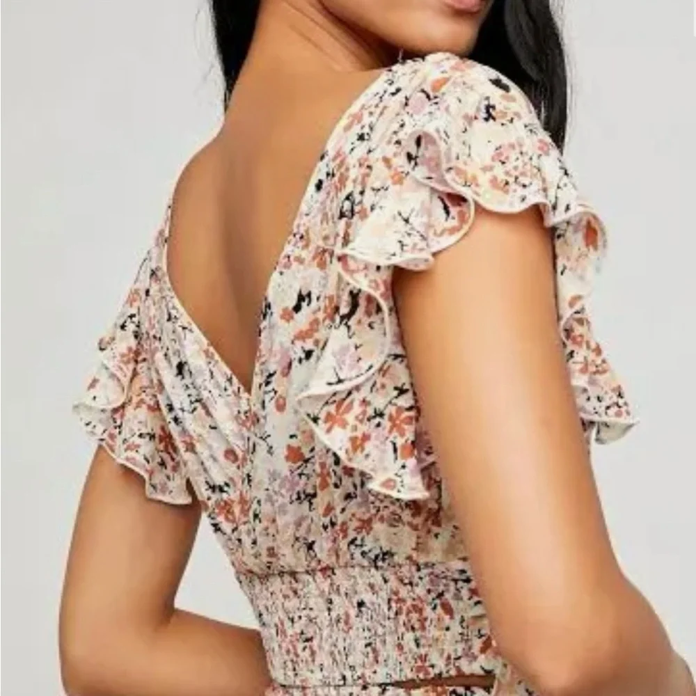Free People Floral Ruffle Crop Top - Cream and Orange - Picture 2 of 6